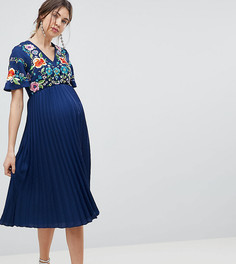 Платье миди с вышивкой и плиссировкой ASOS DESIGN Maternity - Темно-синий