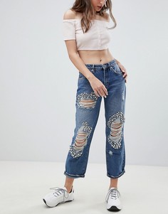Состаренные джинсы прямого кроя с отделкой River Island - Синий