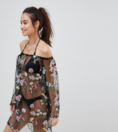 Пляжное сетчатое платье со спущенными плечами и цветочной вышивкой South Beach - Черный