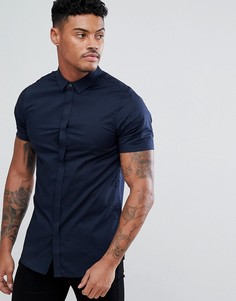 Темно-синяя узкая хлопковая рубашка с короткими рукавами Armani Exchange - Темно-синий