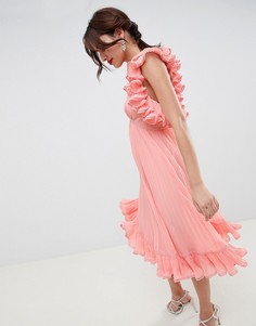 Платье миди с плиссировкой и сборкой сзади ASOS DESIGN Premium - Розовый