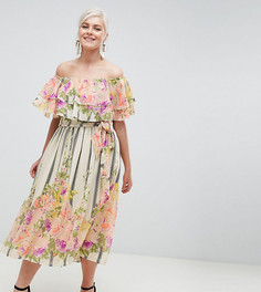Платье-бандо миди с оборками и цветочно-полосатым принтом ASOS DESIGN Curve - Мульти