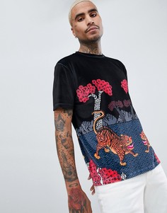 Свободная велюровая футболка с принтом тигра ASOS DESIGN - Черный