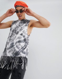Удлиненная футболка без рукавов с бахромой и принтом тай-дай ASOS DESIGN - Серый