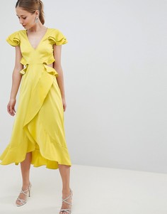 Атласное платье миди с оборками и вырезом на спине ASOS DESIGN - Желтый