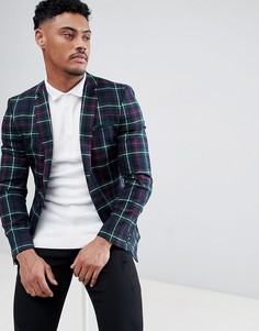 Супероблегающий блейзер с принтом тартан ASOS DESIGN - Темно-синий