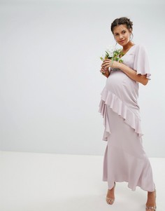 Платье макси с рукавами клеш, оборкой и декорированным поясом ASOS DESIGN Maternity Bridesmaid - Розовый