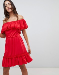 Летнее платье миди с вышивкой ришелье и помпонами ASOS DESIGN - Красный