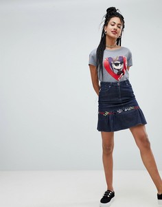 Джинсовая мини-юбка с оборкой и вышивкой Love Moschino - Синий