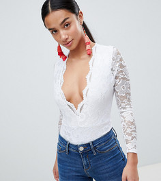 Боди с кружевом и глубоким вырезом Boohoo Petite - Белый