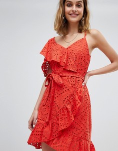 Платье с запахом, оборками и вышивкой ришелье River Island - Оранжевый