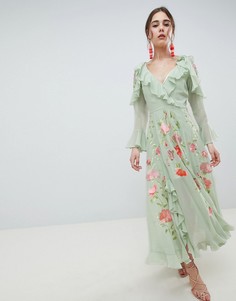 Платье макси с запахом и вышивкой ASOS DESIGN - Зеленый
