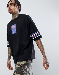 Оversize-футболка с принтом розы и полосками на рукавах ASOS DESIGN - Черный