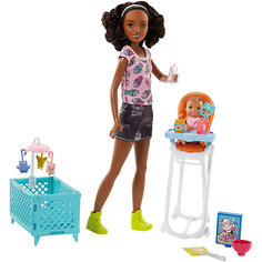 Игровой набор с куклой Barbie "Няня" Стульчик и колыбель, темнокожая барби Mattel