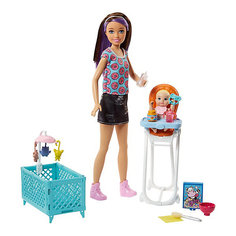 Игровой набор с куклой Barbie "Няня" Стульчик и колыбель, барби шатенка Mattel