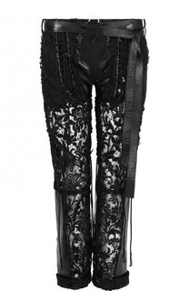 Укороченные кружевные брюки с кожаной отделкой Saint Laurent