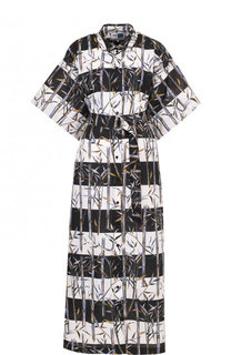 Платье свободного кроя из смеси хлопка и льна с поясом и принтом Kenzo