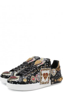 Кожаные кеды Portofino с принтом и аппликациями Dolce &amp; Gabbana