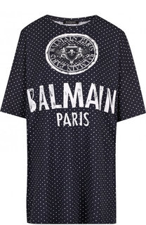 Удлиненная хлопковая футболка с логотипом бренда Balmain