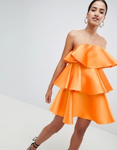 Атласное платье-бандо мини с ярусными оборками ASOS DESIGN - Оранжевый