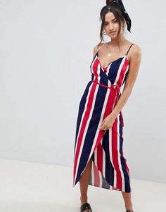 Льняное платье макси в яркую полоску с запахом сбоку ASOS DESIGN - Мульти