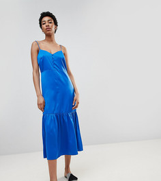 Атласное платье-комбинация миди с баской ASOS DESIGN Tall - Синий