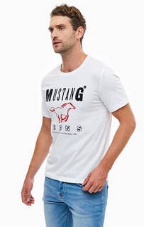 Белая хлопковая футболка с короткими рукавами Mustang