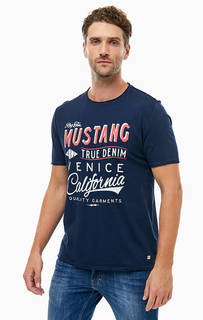 Синяя хлопковая футболка с принтом Mustang