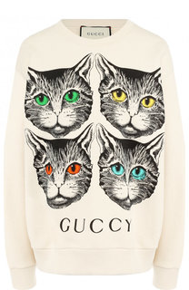Хлопковый пуловер с круглым вырезом и принтом Gucci