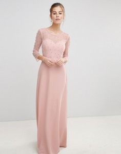 Платье макси с сетчатым верхним слоем на топе и искусственным жемчугом Little Mistress - Розовый