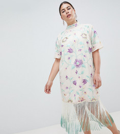 Платье миди с вышивкой и отделкой бахромой ASOS DESIGN Curve - Мульти