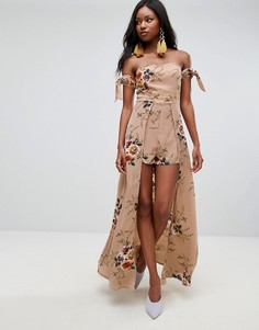 Платье макси с открытыми плечами и цветочным принтом Parisian - Бежевый