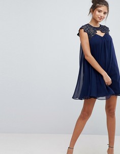 Шифоновое платье А-силуэта с кружевным верхом Lipsy - Темно-синий