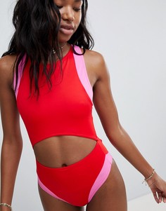 Слитный купальник колор блок с молнией сзади ASOS DESIGN - Красный