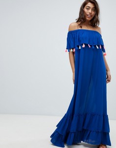 Пляжное платье макси с открытыми плечами и цветными помпонами Anmol - Синий