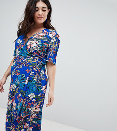 Платье миди с тропическим цветочным принтом и запахом Glamorous Curve - Синий