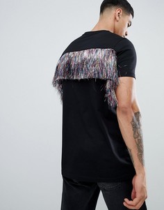 Длинная фестивальная футболка с разноцветной бахромой сзади ASOS DESIGN - Черный