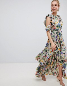 Атласное платье макси с цветочным принтом и асимметричным краем ASOS DESIGN - Мульти