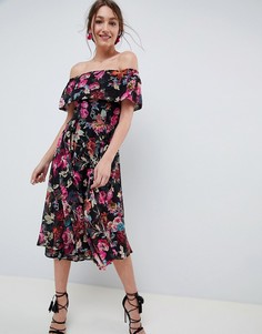 Платье миди с широким вырезом и цветочным принтом ASOS DESIGN - Мульти