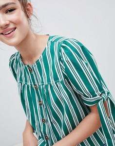 Зеленая хлопковая рубашка в полоску без воротника ASOS DESIGN - Мульти