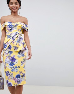 Платье миди с цветочным принтом и широким вырезом ASOS DESIGN - Мульти