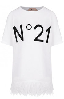 Хлопковая футболка с перьевой отделкой и логотипом бренда No. 21