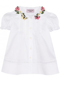 Хлопковая блуза свободного кроя с аппликацией на воротнике Monnalisa