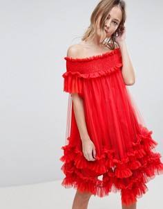 Платье мини из тюля со спущенными плечами и сборками ASOS - Оранжевый