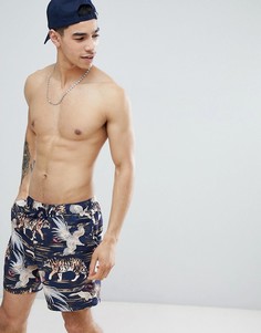 Шорты для плавания средней длины с принтом тигра и птиц ASOS DESIGN - Черный