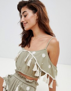 Пляжный топ с открытыми плечами и кисточками River Island - Зеленый
