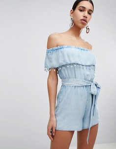 Ромпер из ткани шамбре с открытыми плечами Missguided - Синий