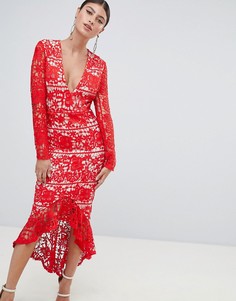Кружевное платье миди с длинными рукавами Missguided - Красный