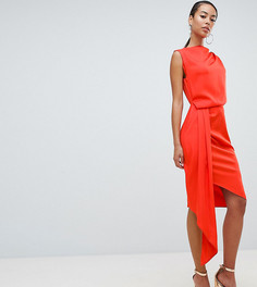 Атласное платье миди с драпировкой и поясом ASOS DESIGN Tall - Оранжевый