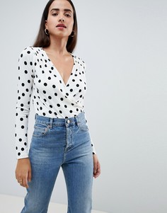Белое боди в горошек с запахом и длинными рукавами ASOS DESIGN - Мульти
